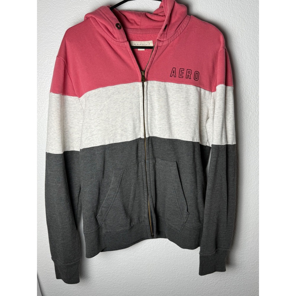 Aeropostale Pink Gray Colorblock Full Zip Hoodie Fleece Lined Y2K Preppy Women's